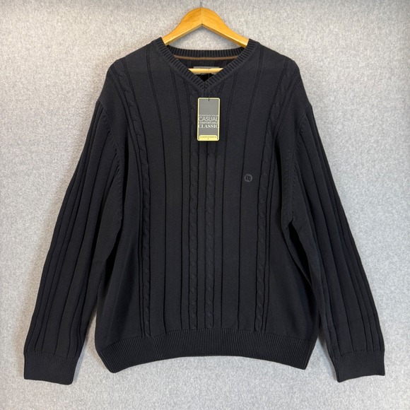 Saddlebred V Neck Sweater Cable Knit Black Classic Everyday Mens Size XXL NWT‎ - Picture 1 of 9